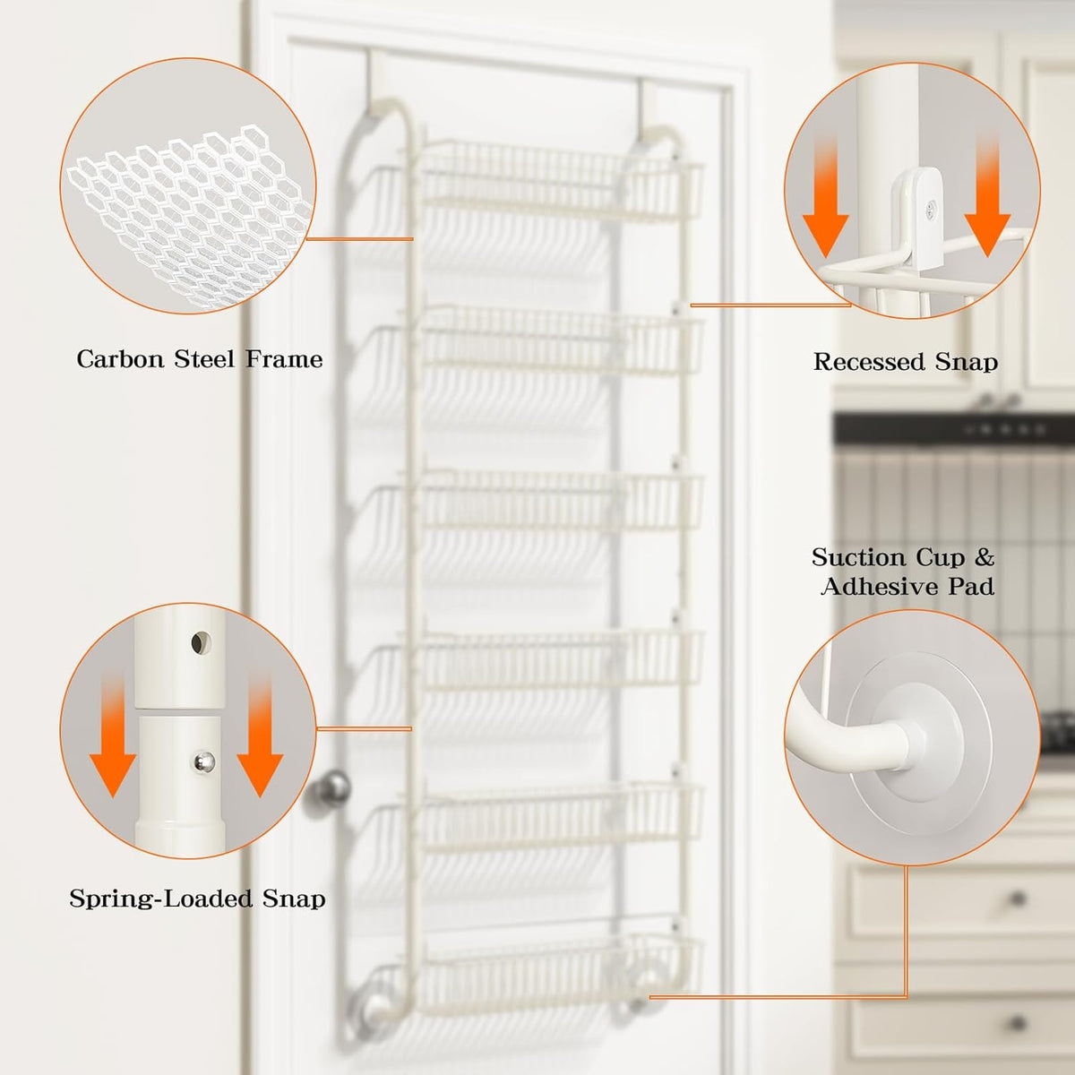 MIAOLI Over the Door Pantry Organizers and Storage, 6-Tier Spice Rack, Home & Kitchen Storage Shelves for Cabinet, Large Capacity Hanging Seasoning Organizer, Laundry Room Organization, White