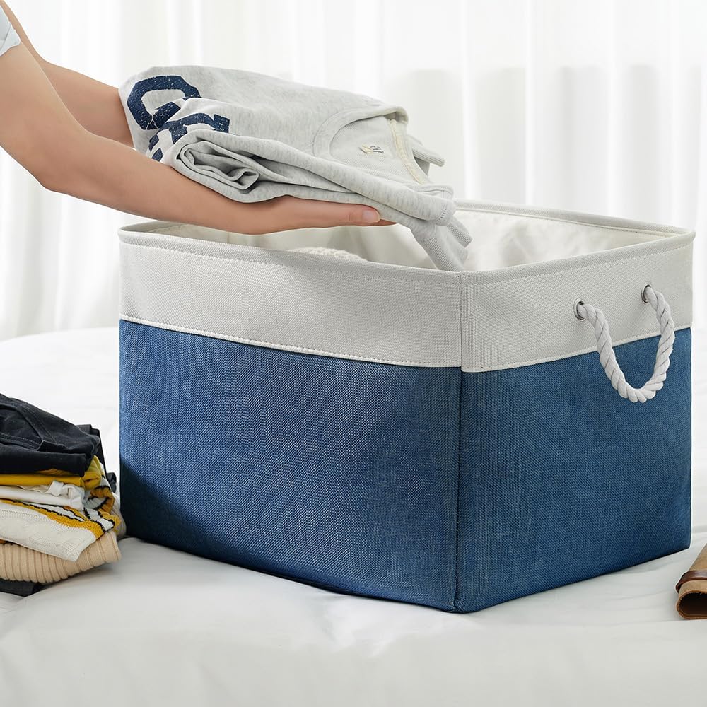 TheWarmHome Organization and Storage Basket for Shelves - Jumbo 3 Pack 20x16x14 inch Collapsible Storage Bins for Organizing, Canves Storage Cubes for Gift Organizer Toys Closet (White & Jean Blue)