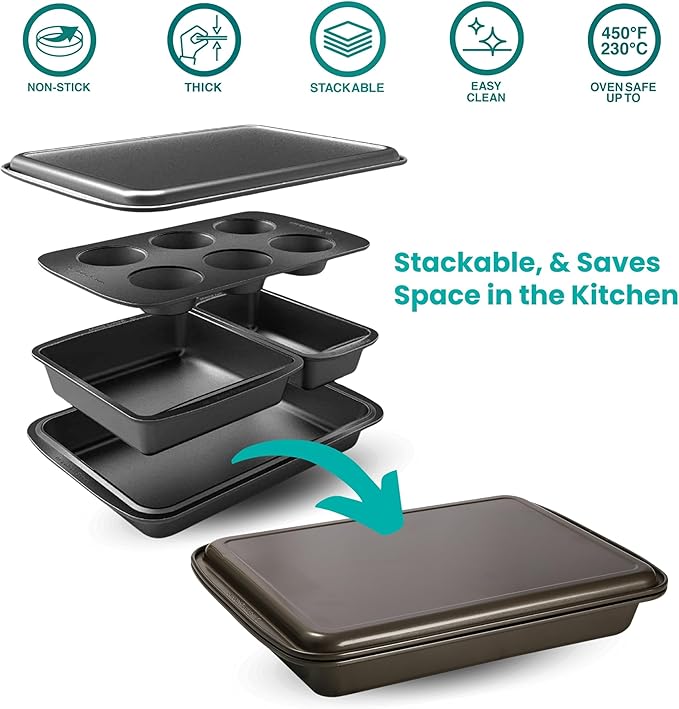 Baker's Secret Stackable Baking Set of 5 Bakeware Pans, Bakeware Set, Baking Pan Set Includes Muffin Pan, Roaster Pan, Square Pan, Cookie Sheet, Loaf Pan, Easy Store, Dishwasher Safe, Baking Supplies