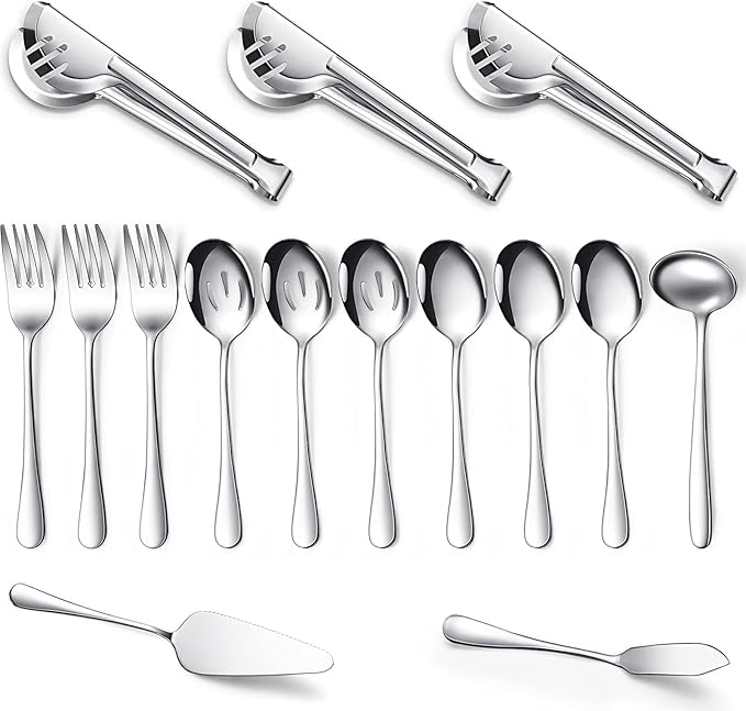 Patelai Serving Utensils Set Include Stainless Steel Large Spoons Slotted Spoons Forks Tongs Soup Ladle and Pie Server for Parties Buffet Catering, Dishwasher Safe(Silver,15 Pieces)