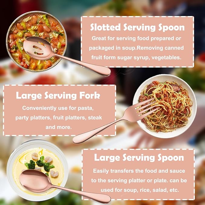 11 PCS Serving Utensils, Large Stainless Steel Spoons Forks Tongs, Pie Server, Great for Hostess Buffet Catering Banquet Party, Rose Gold