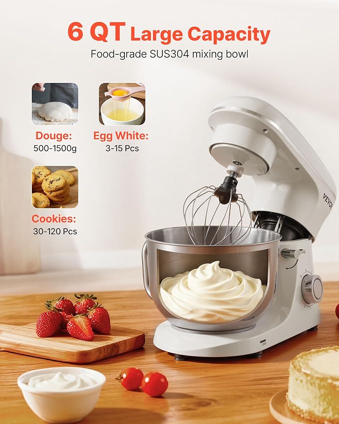 VEVOR Stand Mixer, 6 QT Dough Mixer, 660W 6 + P Speeds Tilt-head Food Mixer with Stainless Steel Bowl, Dough Hook, Wire Whip, Flat Beater, Scraper, Household Stand Mixer for Baking & Mixing, White
