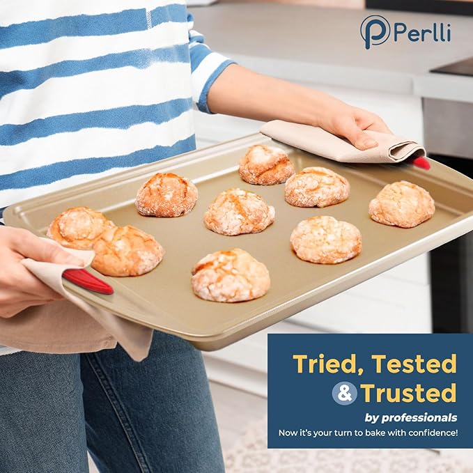 Perlli Baking Kit: Nonstick Gold Steel Oven Set - 6 Pieces, Round Cake Pan, Loaf Pan, Square Pan, Muffin Pan, Cookie Sheet, Roaster - Silicone Handles