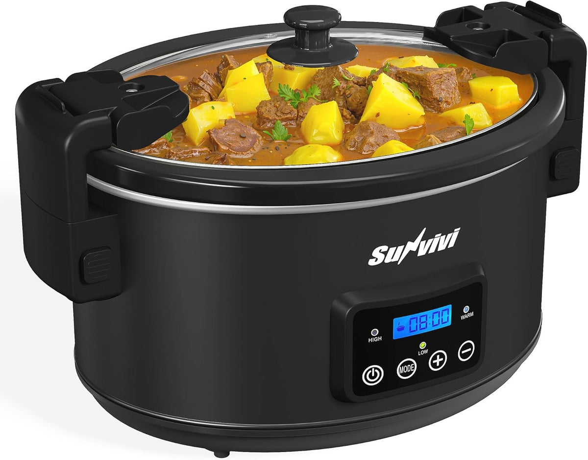 Sunvivi 8.5 Quart Programmable Slow Cooker: Multi-Cooker Food Warmer with Locking Lid & Digital Timer, Adjustable Tempature Control, Dishwasher Safe, Perfect for Families and Gatherings, Black
