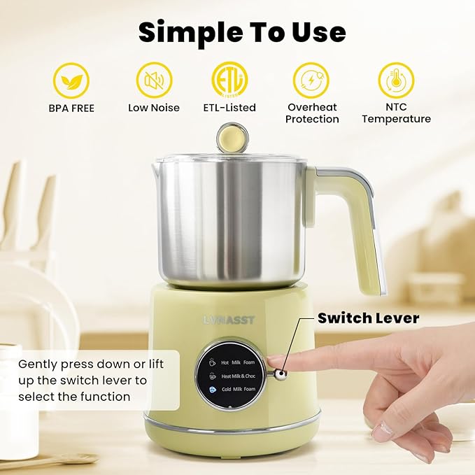 Stainless Steel Milk Frother and Steamer, 12oz Electric Milk Warmer & Foam Maker, 3in1 Hot Cold Frothing, Warm Thick Foam for Macchiatos, BPA Free