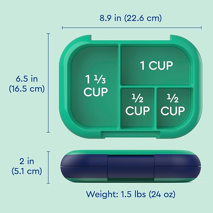 Bentgo Chill Kids Leak-Proof Lunch Box - 4-Compartment Bento Box with Built-In Ice Pack, 3.3 Cup Capacity, PFAS & BPA-Free, Microwave & Dishwasher Safe, Ideal Size for Ages 3 to 7 (Green/Navy)