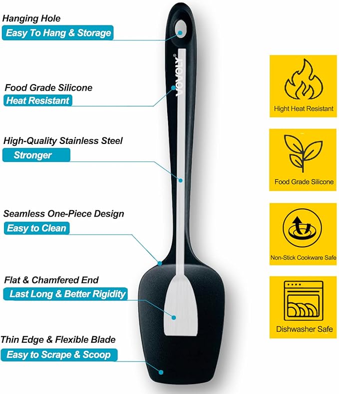 Silicone Spatula Set, High Heat Resistan Rubber Spoon Spatula, Non-Stick Spoonula with Seamless One Piece Design, Flexible Scrapers Baking Mixing Tool,3 Pack, Black