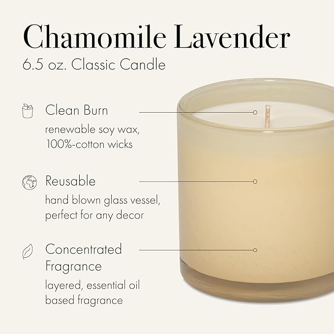 LAFCO New York Classic Candle, Chamomile Lavender - 6.5 oz - 50-Hour Burn Time - Reusable, Hand Blown Glass Vessel - Made in The USA