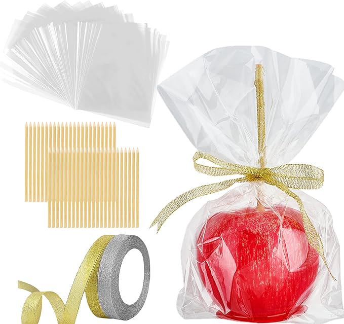 Ocmoiy DIY Candy Apple Kits - 100 Pcs Sticks and Bags With 50 Yard Gold and Silver Glitter Ribbons for Large Caramel Apple Lollipop Making Packaging Supplies