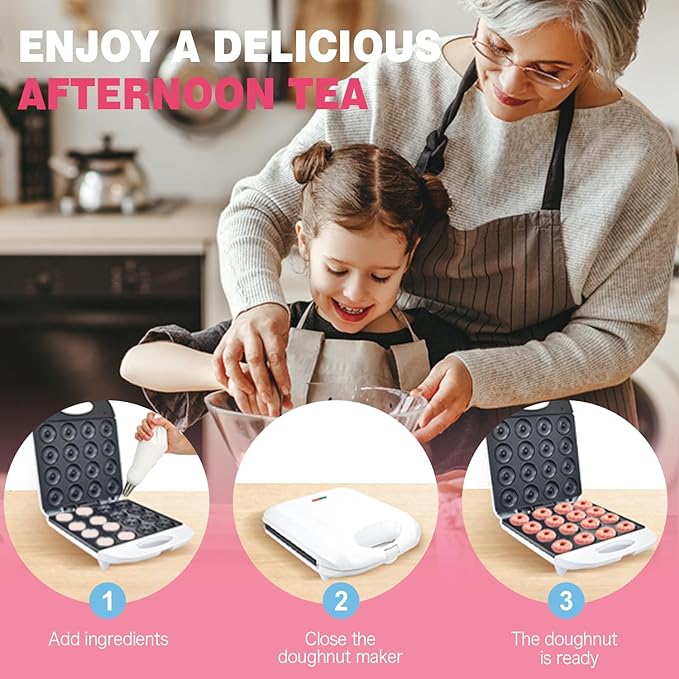 DSP All in One 2 Inch Mini Donut Maker, Non-Stick, Cool Touch, Electric Doughnut Machine for 16 Snacks & Desserts, Perfect for Birthday, Wedding, Baby Shower, Christmas, Party, Afternoon Tea