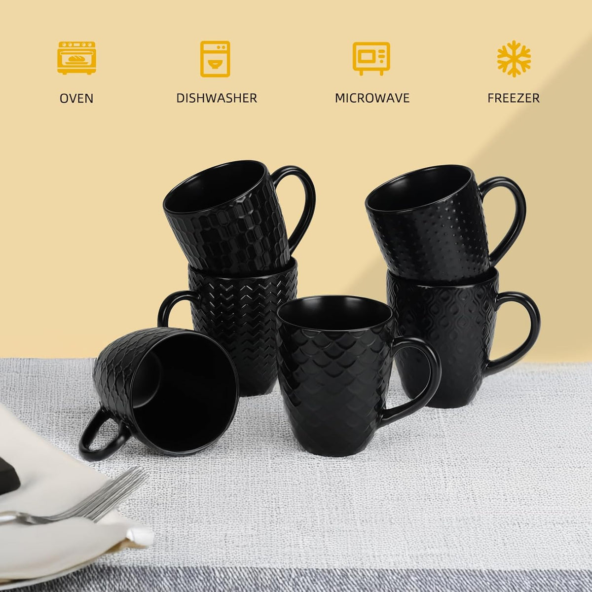 Schliersee 16 OZ Black Coffee Mugs Set of 6, Geometric Pattern Porcelain Coffee Cups for Latte, Hot Tea, Cappuccino, Mocha, Cocoa, Espresso cups, 500ML