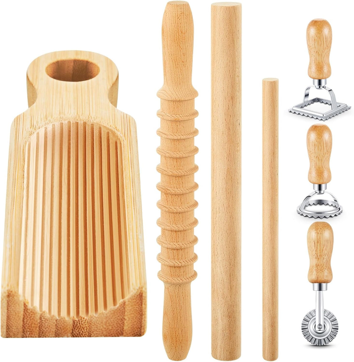 Tioncy 7 Pcs Gnocchi Pasta Making Tool, Wood Gnocchi Board with Ravioli Stamp and Rolling Pin Set Homemade Kitchen Gift for Baking Lovers(Curve Style)