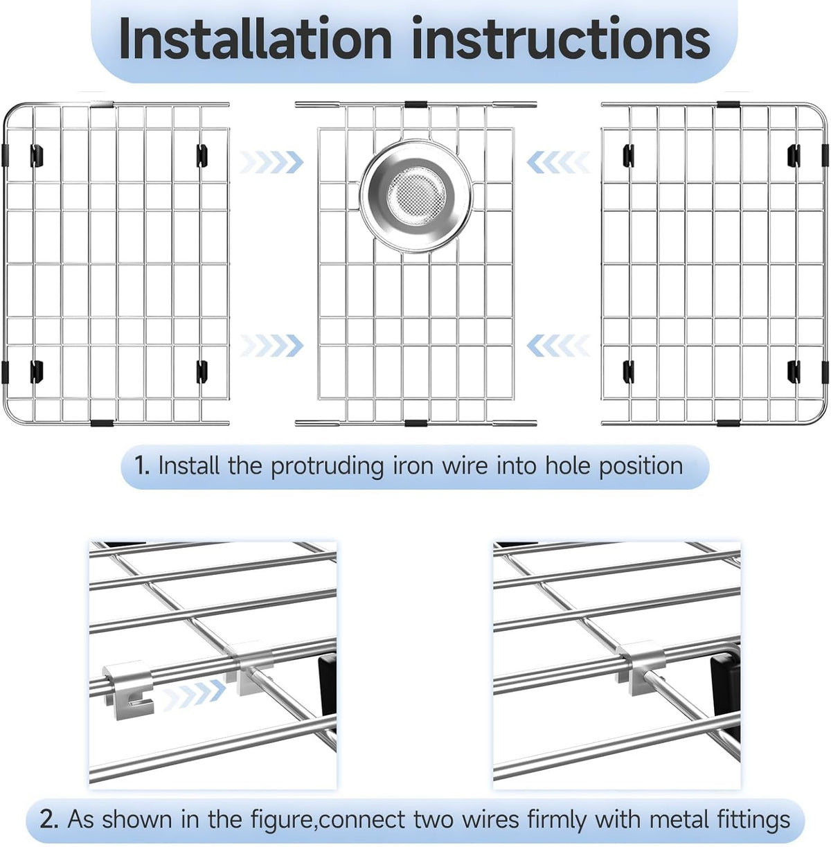 28-7/8’’ x 14-3/8’’ Stainless Steel Sink Protector, Sink Protectors for Kitchen Sink, Sink Grid, Sink Grate for Bottom with Rear Drain, Metal Sink Rack for Bottom of Sink with Corner Radius