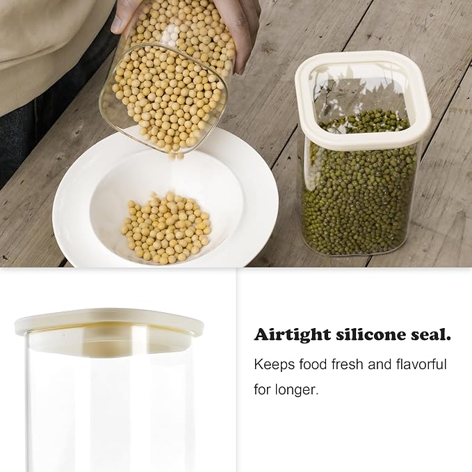 8pcs Square Pantry Glass Jars with Clear Airtight Lids Kitchen Canisters Sets for Flour, Sugar Refrigerator Safe, Available in 2 Sizes: 40oz / 54 oz, Patent Approved