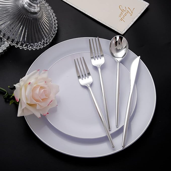 SUT 150Pcs Silver Plastic Silverware, Silver Disposable Cutlery, Heavy Duty Disposable Silverware, Plastic Utensils Include 50 Plastic Forks, 50 Plastic Spoons, 50 Plastic Knives