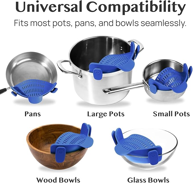 Kitchen Gizmo Snap N' Strain - Silicone Clip-On Strainer for Pots, Pans, and Bowls - Heat-Resistant Kitchen Gadgets, Essential Colander Drainer for Vegetables and Pasta - 7.87x2.76x4.53-Inch (Blue)
