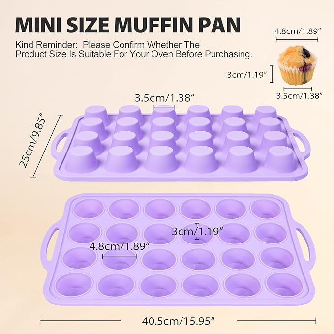2 Pack Silicone Muffin Pan 12 and 24 Cup with Metal Frame, Non Stick Silicone Mini Cupcake Pan with Handles, BPA Free Silicon Regular Muffin Tin Tray Small for baking, egg bites, Mold Purple