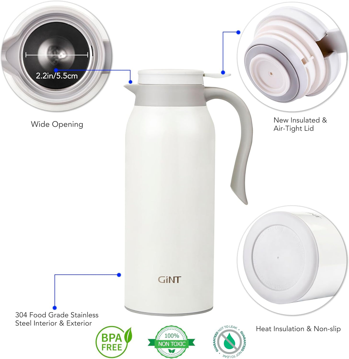 GiNT 51 Oz Stainless Steel Thermal Coffee Carafe, Double Walled Vacuum Insulated Flask, 12 Hour Heat Retention, 1.5 Liter Tea, Water, and Coffee Dispenser (Upgraded version White)