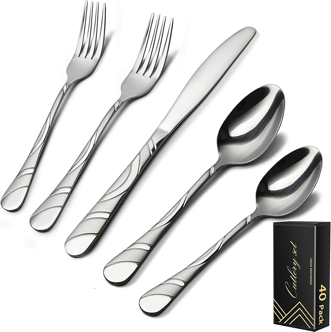 40-Piece Silverware Set for 8, 18/0 Frosted & Mirror Finish Stainless Steel Vintage Flatware Set, Modern Cutlery Set for Home Wedding Restaurant Housewarming Party Event Serving For 8