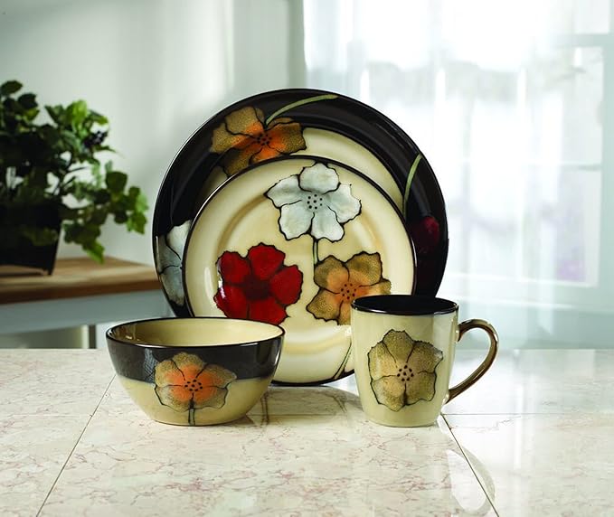 Pfaltzgraff Painted Poppies 16-Piece Dinnerware Set, Service for 4, Colorful Floral Stoneware Plates, Bowls, and Mugs, Microwave and Dishwasher Safe