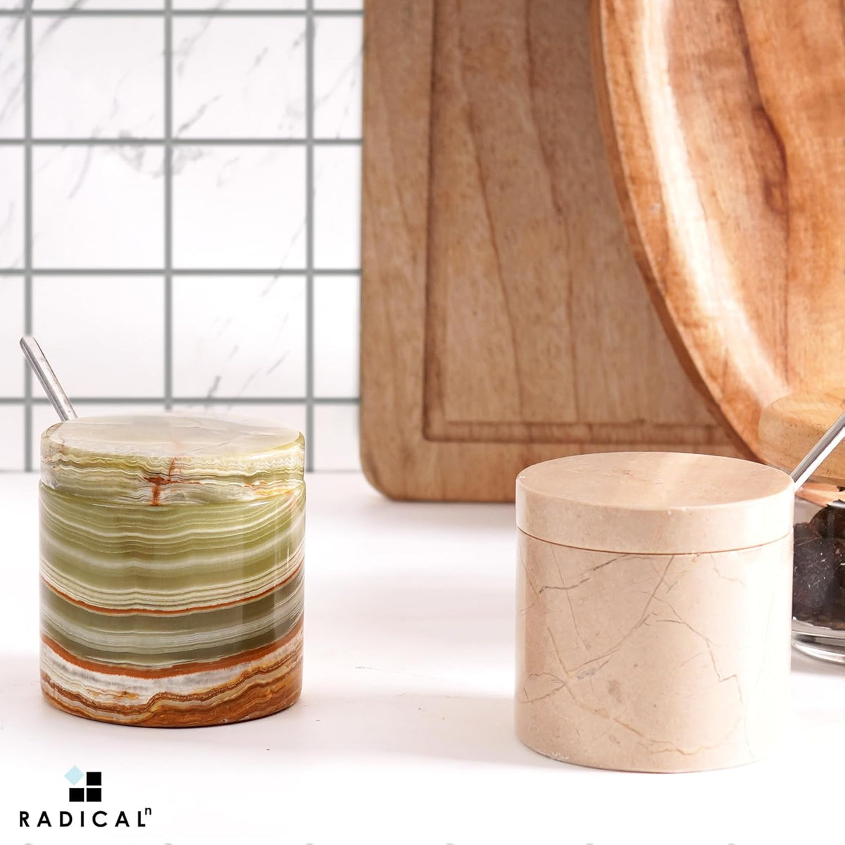 Radicaln Marble Salt Cellar With Lid and Tray 3" Inches Handmaed Verona and Green Salt Container For Kitchen Countertop, Ideal Spice Jar, Salt Bowl