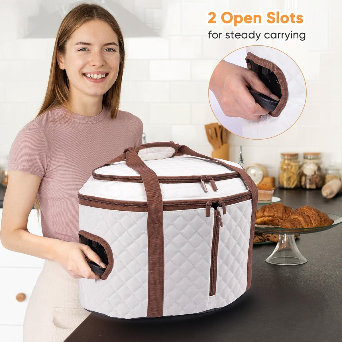 BAGSPRITE Double-layer Slow Cooker Carrying Case Compatible with 6-8 Quart Crockpot Carrier for Hot Food and Hamlton Beach Slow Cooker Tote with Lid Fastener for Crock-pot Dust Cover Applicances