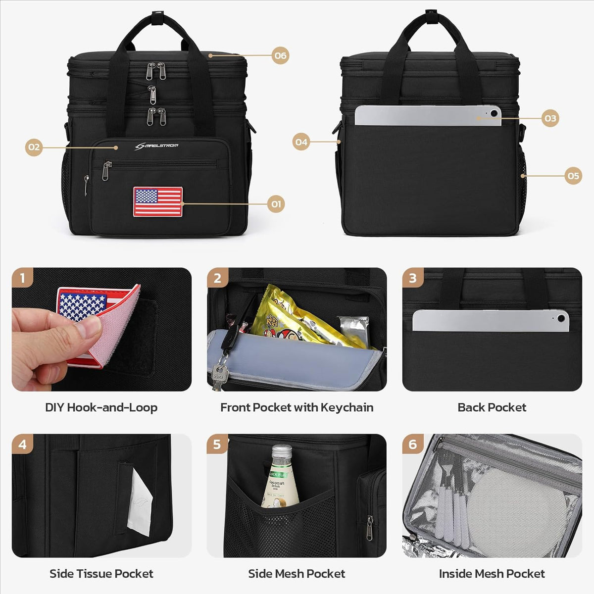 Maelstrom Tactical Lunch Box for Men, 23L Insulated Lunch Bag, Expandable Double Deck Cooler Bag, Lightweight Leakproof Tote Bag With Side Tissue Pocket, Suit For Men and Women, Black