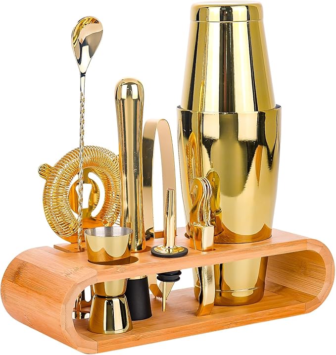 Cocktail Shaker Set Stainless Steel Shakers Bartending kit Bar Kits Bar Tool Sets for Professional Bartender and Home (Gold, 10-Pcs Boston Shaker)