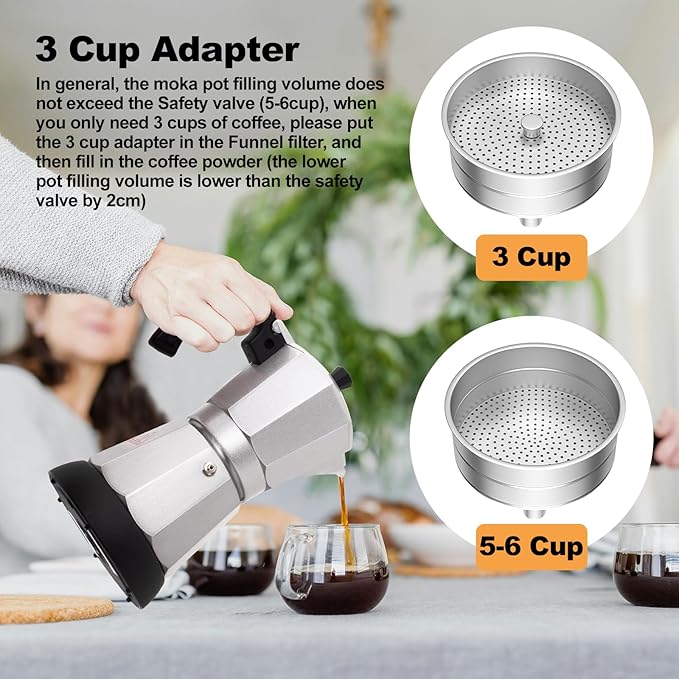 Electric Aluminum Moka Pot 5-6 Cup 270ml Espresso Maker with Detachable Base Ideal Coffee Makers for Home MochaPot Italian and Cuban Café Coffeemaker Espressomaker CoffeePot Silver