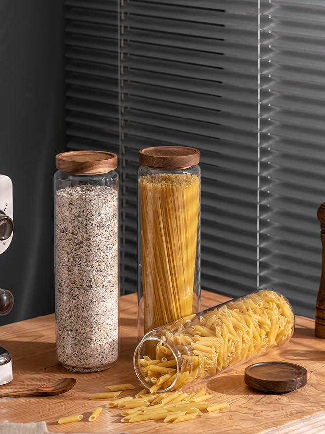 Kanwone Airtight Food Storage Containers Set of 3, 54 Ounce Glass Storage Containers with Bamboo lids, Clear Glass Canisters for Pantry, kitchen, Flour, Sugar, Tea, Coffee, Cookies, Spice and Herbs