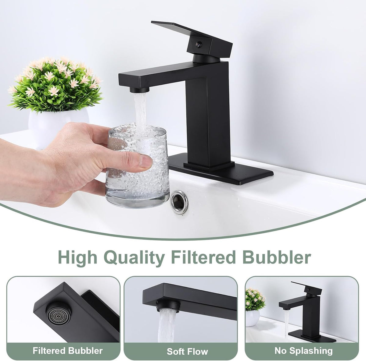 Matte Black Bathroom Faucet Single Handle Bathroom Vessel Sink Faucet 1 Hole Modern Stainless Steel Vanity Faucet for Bathroom Sink with Pop Up Drain Stopper & Water Supply Hoses