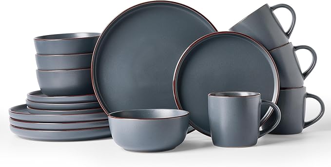 Famiware Mercury Dinnerware Sets with Mugs, Service for 4 (16 Pieces), Plates and Bowls Sets, Microwave and Dishwasher Safe Dishes Set, Charcoal