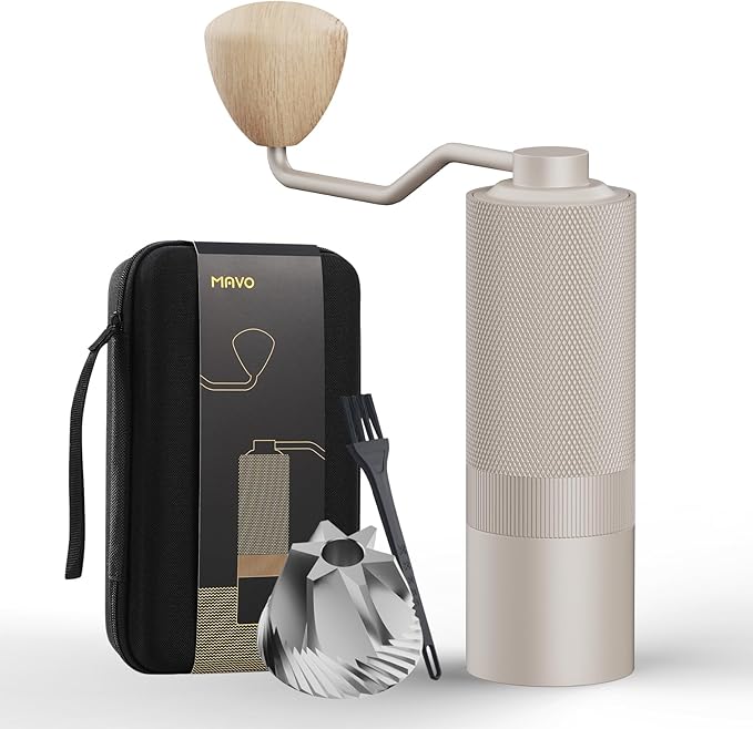 MAVO Manual Coffee Grinder, Wizard Hand Coffee Grinder, Capacity 25g with CNC Stainless Steel Hexagonal Conical Burr, Adjustable Setting, Burr Coffee Bean Grinder for French Press, Pour Over, Silver