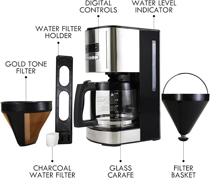 Kenmore Drip Coffee Maker - Programmable Cafe Machine With Glass Pot, Regular & Bold Brew, Auto Shut Off Large Water Reservoir, Reusable Filter, Kitchen Appliances For Cafeteria Barista, 12 Cup Black