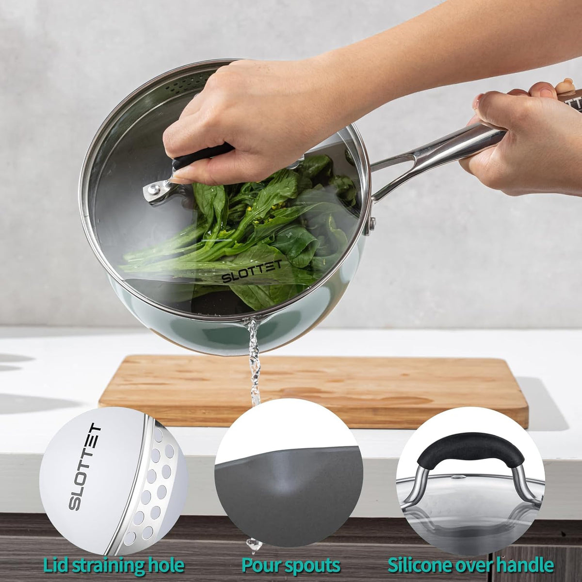 Ceramic Nonstick Tri-Ply Stainless Steel Sauce Pan with Steamer,2.5 Quart Small Multipurpose Pot with Pour Spout,Strainer Glass Lid, 2qt Saucepan for Cooking with Stay-cool Handle,Green