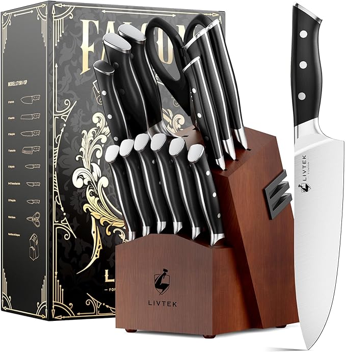 Livtek Knife Set with Block - Kitchen Knife Set German High-Carbon Stainless Steel with Built-in Sharpener - Full Tang, Triple-Rivet Ergonomic Handle - Holiday Gift Idea - 15-Piece, Falcon Series.