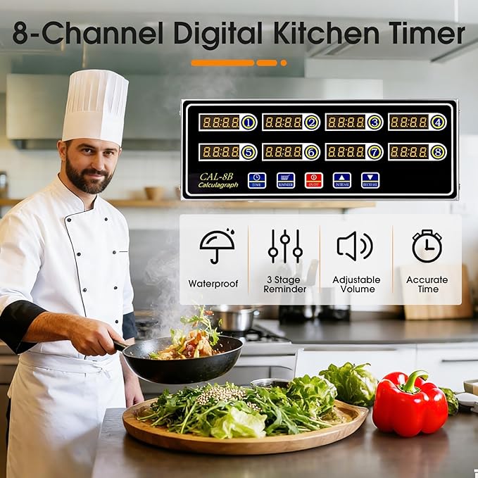 8-Channel Kitchen Timers for Cooking, Commercial Digital Timer with Independent Countdown Timers, Adjustable Volume, Stainless Steel Cooking Timer for Food Fryer, Restaurants, Baking