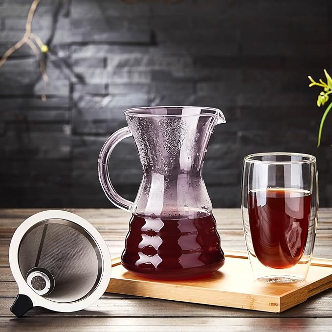Unbreakable - Pour Over Coffee Maker with Permanent Stainless Filter 27 fl oz, Thickened Heat-Resistant Borosilicate Glass Dripper Coffee Brewer, Stovetop Safe, Pink