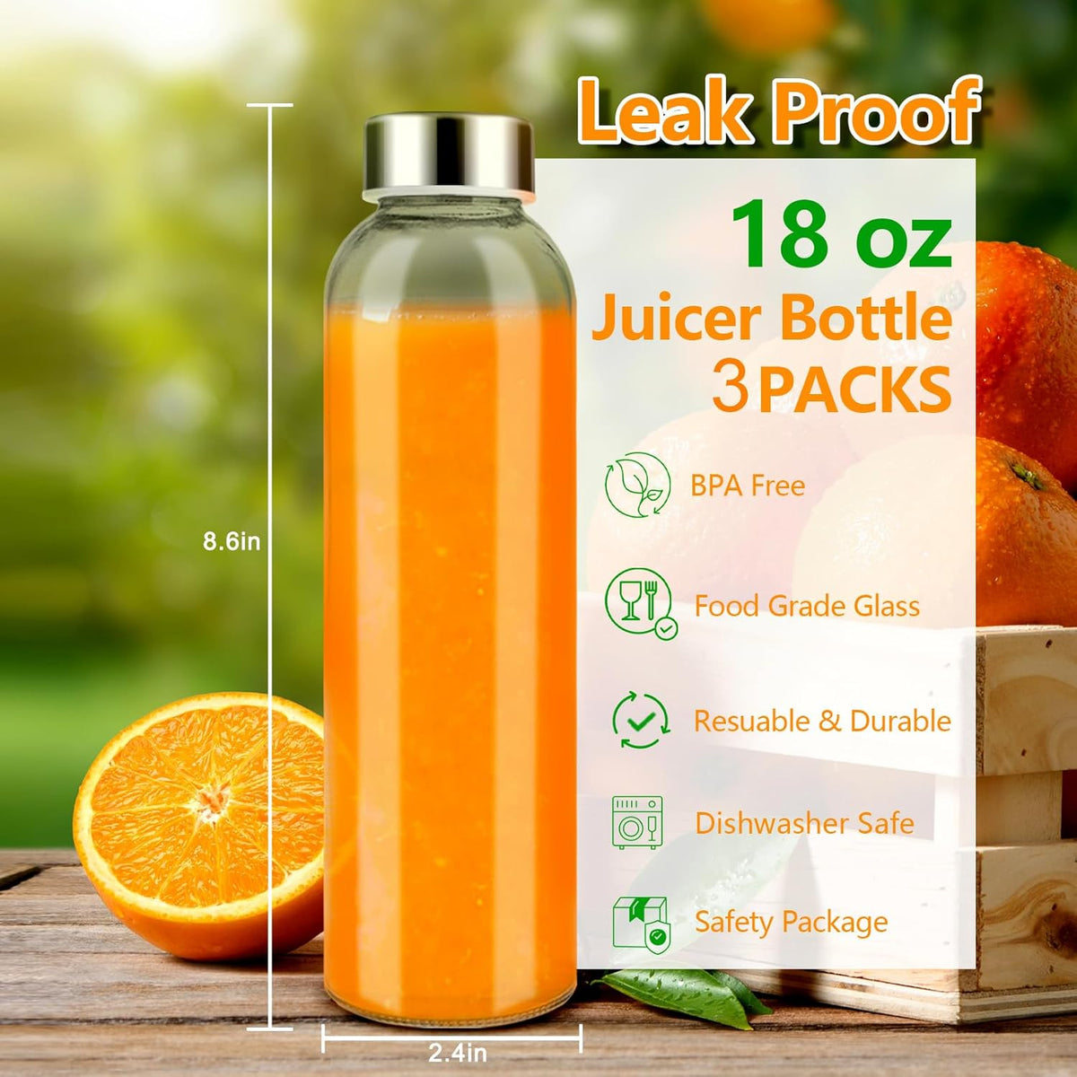 Zukro Glass Water Bottles with Lids 18 oz, 3 Pack Reusable Juice Bottles With Stainless Steel Airtight Cap for Juicing, Leak Proof Clear Drinking Jar Beverage storage container for Fridge, BPA Free
