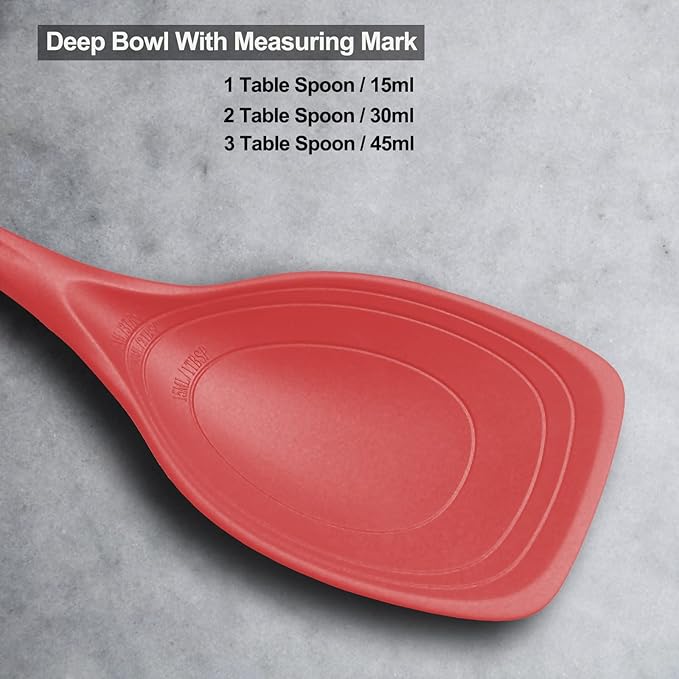 2 Pack Large Silicone Cooking Spoon, Non-Stick Slotted and Solid Spoon set with Deep Bolw and Measurement Mark for Mixing, Serving, Draining, Scooping, Scraping, Heat Resistant Kitchen Utensils, Red