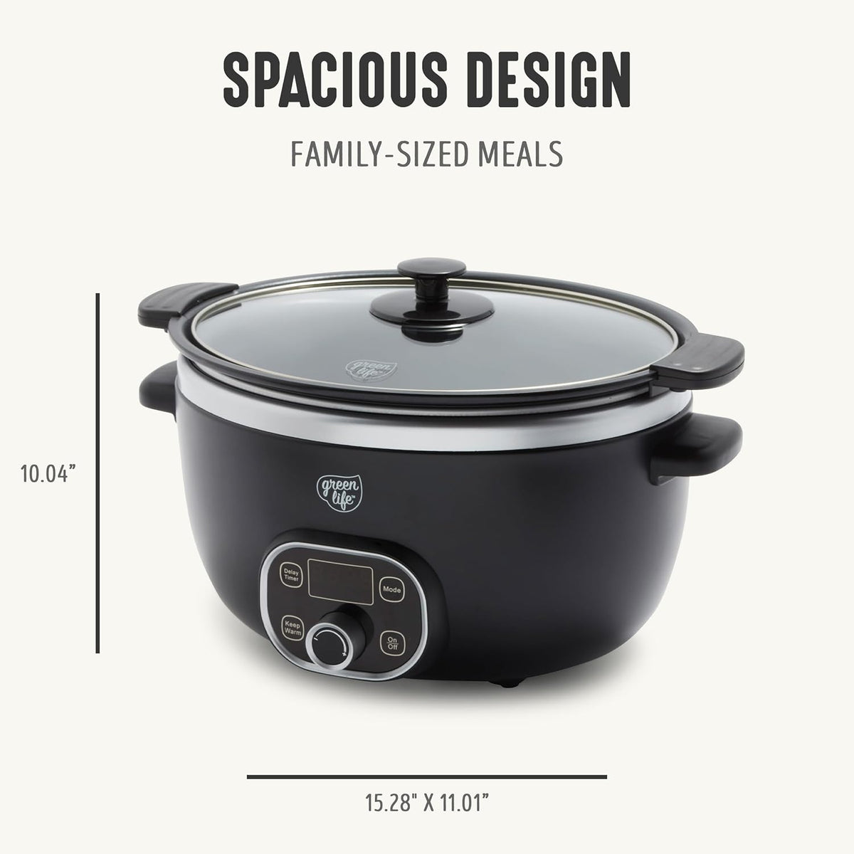 GreenLife 6QT Slow Cooker, Non-Toxic PFAS-Free Ceramic Nonstick Removable Interior Bowl, Programmable, Family Friendly, Keep Warm, Stovetop & Oven Safe, Dishwasher Safe Parts, Timer, Glass Lid, Black