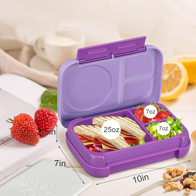 Bento Box for Kids,Kids Bento Lunch Box with Built-in Ice Pack for School,3 Compartments Leak Proof Lunch Container with Utensils for Girl Boy;BPA Free,Microwave & Dishwasher Safe, 44oz(Purple)