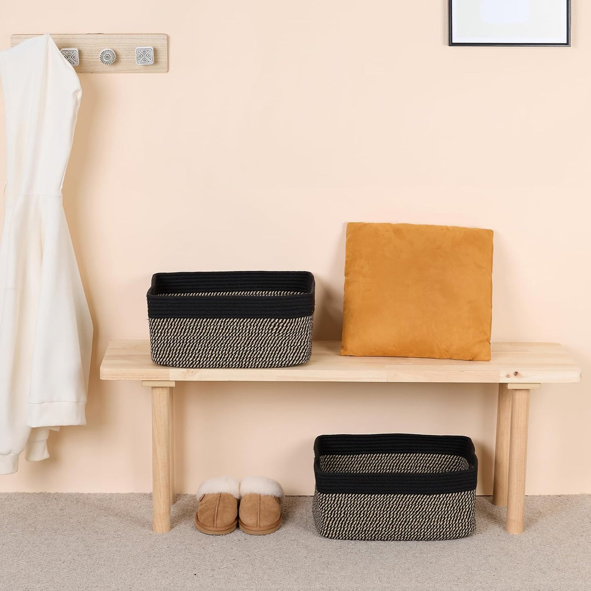 Large Storage Baskets for Shelves, Closet Organizers Bins for Clothes Blanket Towels, Baby Nursery, Toy Baskets Box, Woven Rope Baskets, 17 x 13 x 7.5”, 2 Packs Woven Brown