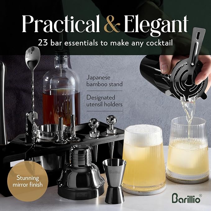 Barillio Black Bartender Kit - Stainless-Steel Cocktail Shaker Set w/Black Bamboo Stand - Mixology Bar Tools w/Drink Shaker, Mixer and Muddler for Cocktails - Home Bar Accessories - 23-Pc Bar Set