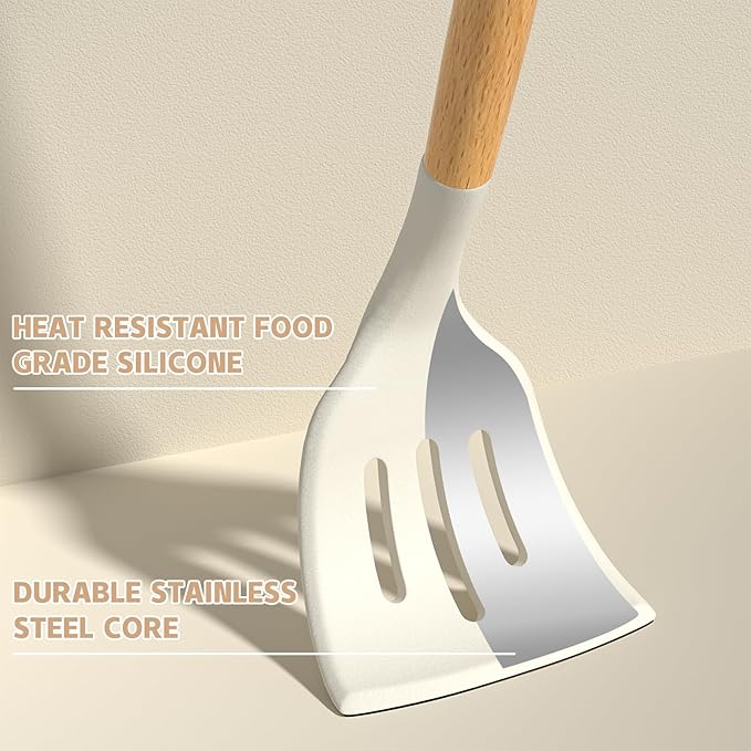 Umite Chef Kitchen Cooking Utensils Set, 33 pcs Non-stick Silicone Cooking Kitchen Utensils Spatula Set with Holder, Wooden Handle Silicone Kitchen Gadgets Utensil Set (Cream White)