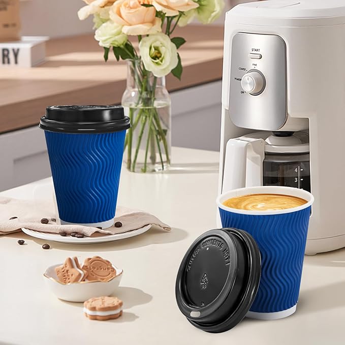 500 Pack Coffee Cups with Lids 12oz, Disposable Insulated Ripple Wall To Go Paper Coffee Cups for Hot/Cold Drinks Office Home Shop Event (Navy)