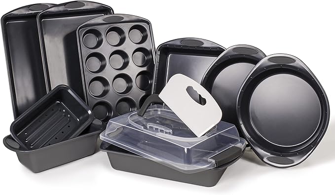 BergHOFF 11Pc Perfect Slice Bakeware Set, Covered Rectangle Cake Pan, Cookie Sheets, Muffin Pan, Loaf Pan, Round, Square and Rectangle Cake Pans, Slicer, Non Toxic, PFOA Free, Grey & Grey