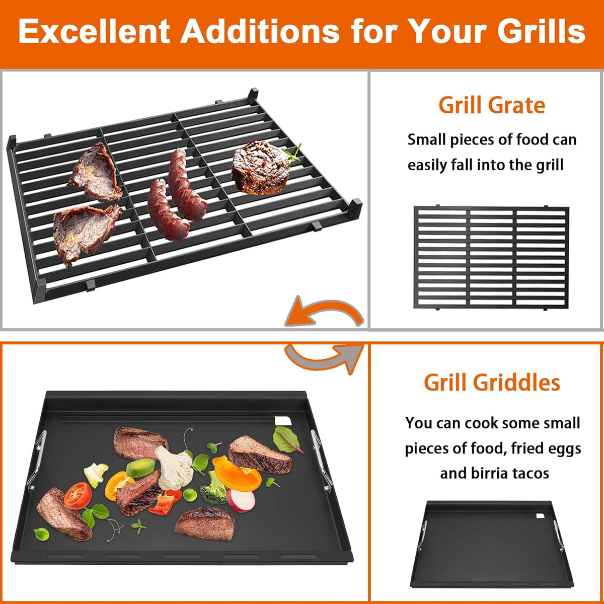 Full-Size Griddle Insert for Char-Griller 5050 3001 5650 3008 3030 3725, Flat Top Griddle with Handles for Chargriller Charcoal Grills, Cooking Griddles for Chargriller with 2 Pcs Fire Grate Hangers