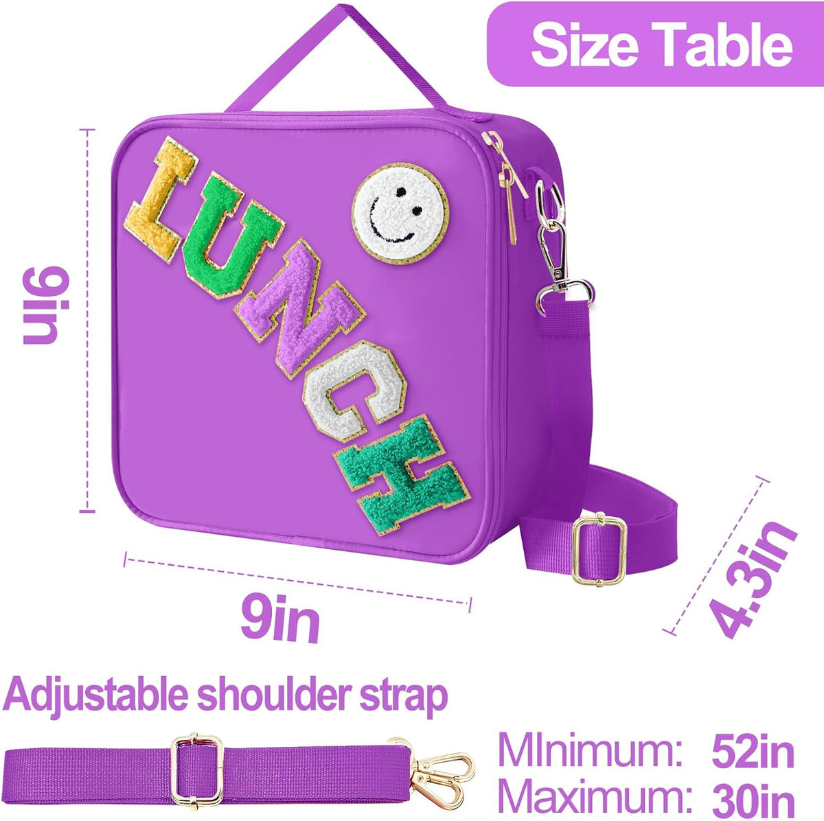 Insulated Lunch Bag With Adjustable Shoulder Strap, Nylon Preppy Lunch Box Large Insulated Lunch Bag Reusable Lunch Tote Bag with Smiley Preppy LunchBag for Girls School Travel Picnic (Dark purple)