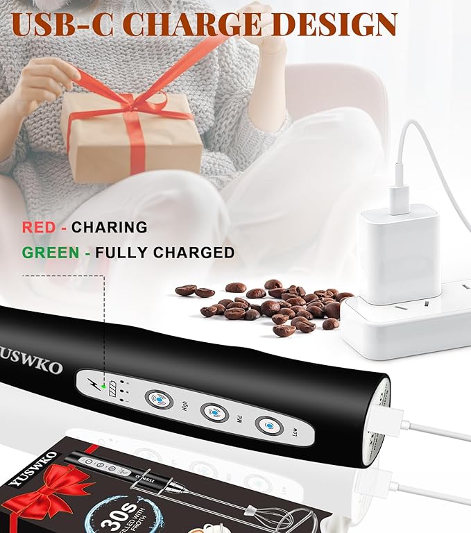 YUSWKO Milk Frother Handheld for Coffee with Stand, Rechargeable Drink Mixer with 3 Heads 3 Speeds Electric Coffee Frother Whisk, Gift for Many Occasions and Festival